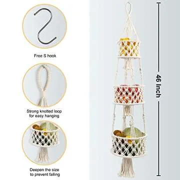 AerWo 3 Tier Hanging Fruit Basket for Kitchen Organizing, Macrame Hanging Basket for Storage Fruits, Veggies, Keep Produce Fresh, 46 Inches Boho Decor Hanging Baskets for Hanging Indoor Plant