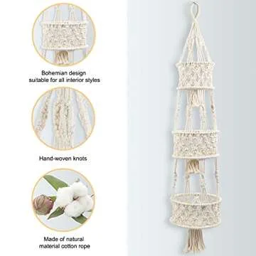 AerWo 3 Tier Hanging Fruit Basket for Kitchen Organizing, Macrame Hanging Basket for Storage Fruits, Veggies, Keep Produce Fresh, 46 Inches Boho Decor Hanging Baskets for Hanging Indoor Plant