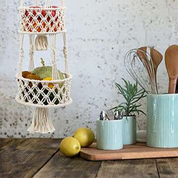 AerWo 3 Tier Hanging Fruit Basket for Kitchen Organizing, Macrame Hanging Basket for Storage Fruits, Veggies, Keep Produce Fresh, 46 Inches Boho Decor Hanging Baskets for Hanging Indoor Plant