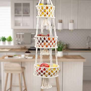 AerWo 3 Tier Hanging Fruit Basket for Kitchen Organizing, Macrame Hanging Basket for Storage Fruits, Veggies, Keep Produce Fresh, 46 Inches Boho Decor Hanging Baskets for Hanging Indoor Plant