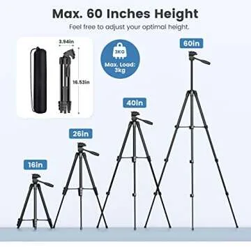 MoKo 60" Camera Tripod for Canon Nikon, Lightweight Aluminum DSLR Camera Stand Holder with Carrying Bag, Universal Phone Tablet Mount and Wireless Remote, Max Load 6.61 lbs, Black