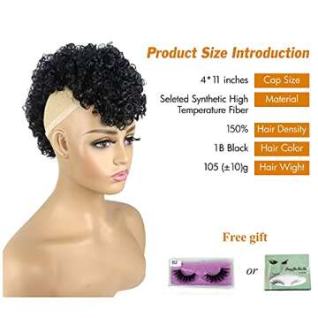 UAmy hair Afro Puff Mohawk Ponytail Jerry Curly Non Drawstring Ponytail Clip in Synthetic Fauxhawks Afro Puff Bun with Bangs Short Afro Kinky Curly Hair Bun Warp Hair Extensions with 6 BB Clips 1B