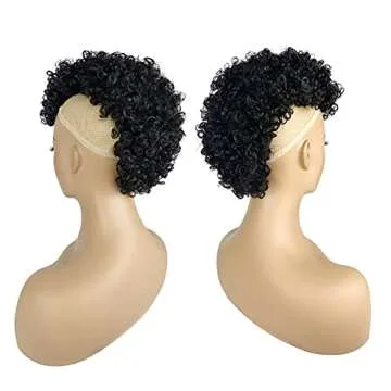 UAmy hair Afro Puff Mohawk Ponytail Jerry Curly Non Drawstring Ponytail Clip in Synthetic Fauxhawks Afro Puff Bun with Bangs Short Afro Kinky Curly Hair Bun Warp Hair Extensions with 6 BB Clips 1B