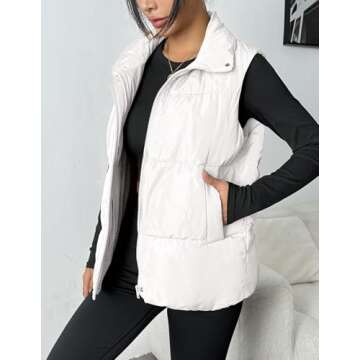 Zeagoo Women Puffer Vest Lightweight Stand Collar Sleeveless Winter Warm Zip Up Padded Outerwear Jackets with Pockets White M
