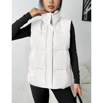 Zeagoo Women Puffer Vest Lightweight Stand Collar Sleeveless Winter Warm Zip Up Padded Outerwear Jackets with Pockets White M
