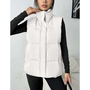 Zeagoo Women Puffer Vest Lightweight Stand Collar Sleeveless Winter Warm Zip Up Padded Outerwear Jackets with Pockets White M