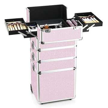 OUDMAY Makeup Case - 4 in 1 Professional Cosmetics Rolling Train Organizer with Aluminum Frame and Folding Trays Pink Diamonds