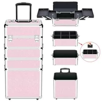 OUDMAY Makeup Case - 4 in 1 Professional Cosmetics Rolling Train Organizer with Aluminum Frame and Folding Trays Pink Diamonds