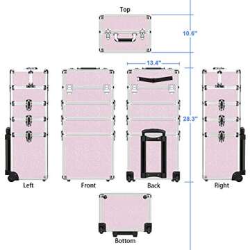 OUDMAY Makeup Case - 4 in 1 Professional Cosmetics Rolling Train Organizer with Aluminum Frame and Folding Trays Pink Diamonds