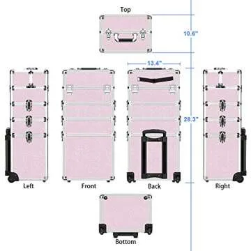 OUDMAY Makeup Case - 4 in 1 Professional Cosmetics Rolling Train Organizer with Aluminum Frame and Folding Trays Pink Diamonds