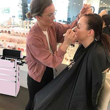 OUDMAY Makeup Case - 4 in 1 Professional Cosmetics Rolling Train Organizer with Aluminum Frame and Folding Trays Pink Diamonds