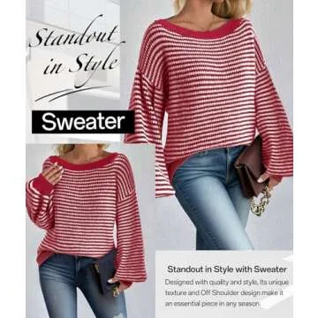 MARZXIN Women's 2025 Fall Long Sleeve Sweaters Casual Loose Striped Off The Shoulder Casual Oversized Knitted Sweater Pullovers Red M