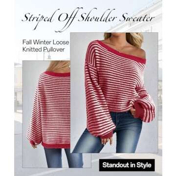 MARZXIN Women's 2025 Fall Long Sleeve Sweaters Casual Loose Striped Off The Shoulder Casual Oversized Knitted Sweater Pullovers Red M