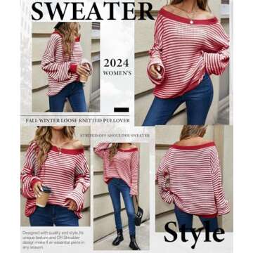 MARZXIN Women's 2025 Fall Long Sleeve Sweaters Casual Loose Striped Off The Shoulder Casual Oversized Knitted Sweater Pullovers Red M