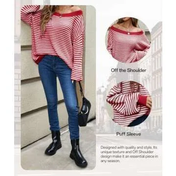 MARZXIN Women's 2025 Fall Long Sleeve Sweaters Casual Loose Striped Off The Shoulder Casual Oversized Knitted Sweater Pullovers Red M