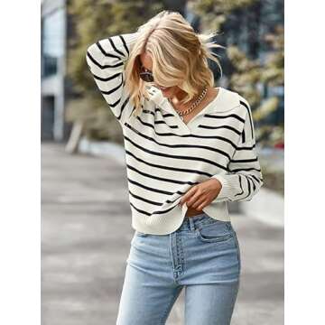 HIZIPOP Women Striped Pullover Sweater Casual Loose Color Block Long Sleeve Polo V Neck Knitted Jump...