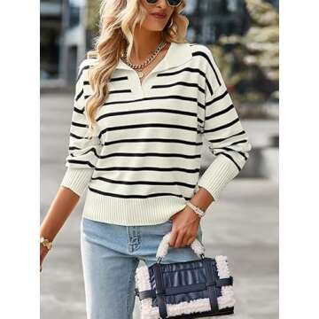 HIZIPOP Women Striped Pullover Sweater Casual Loose Color Block Long Sleeve Polo V Neck Knitted Jumper Tops（Black,M）