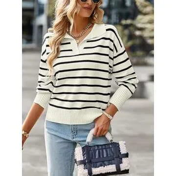 HIZIPOP Women Striped Pullover Sweater Casual Loose Color Block Long Sleeve Polo V Neck Knitted Jumper Tops（Black,M）