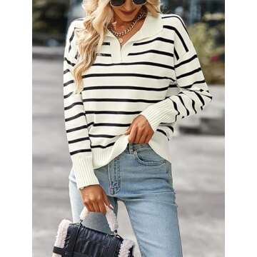 HIZIPOP Women Striped Pullover Sweater Casual Loose Color Block Long Sleeve Polo V Neck Knitted Jumper Tops（Black,M）