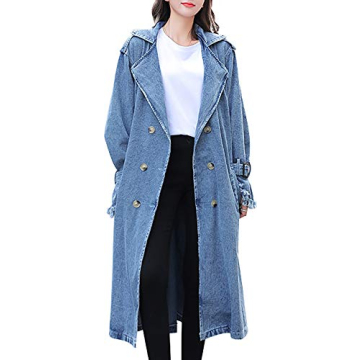 QZUnique Women's Long Denim Jacket with Belt - Stylish Trench Coat