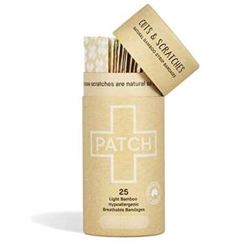 PATCH Natural Eco-Friendly Bamboo Adhesive Sensitive Skin Bandages, Hypoallergenic Bandages for Sensitive Skin, Compostable, Biodegradable, Latex Free and Plastic Free, 25 Count - 3pk
