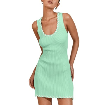 VAOYIU Womens Sleeveless Tank Dress Sexy Mini Bodycon Dress Ribbed Knit Fitted Dresses(1-Green-L)