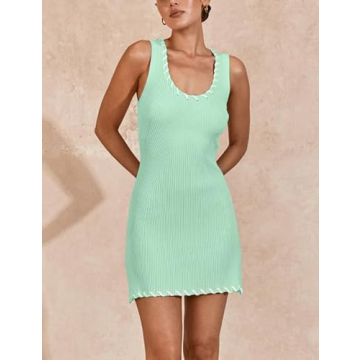 VAOYIU Womens Sleeveless Tank Dress Sexy Mini Bodycon Dress Ribbed Knit Fitted Dresses(1-Green-L)