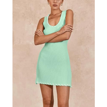 VAOYIU Womens Sleeveless Tank Dress Sexy Mini Bodycon Dress Ribbed Knit Fitted Dresses(1-Green-L)