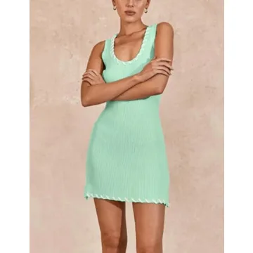 VAOYIU Womens Sleeveless Tank Dress Sexy Mini Bodycon Dress Ribbed Knit Fitted Dresses(1-Green-L)