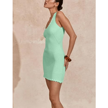 VAOYIU Womens Sleeveless Tank Dress Sexy Mini Bodycon Dress Ribbed Knit Fitted Dresses(1-Green-L)