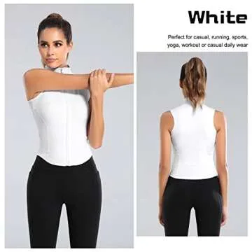 FEOYA Women's Full Zip Running Shirt Sleeveless Workout Tank Tops Slim Fit Lightweight Crop Sweatshirt Training Yoga Fitness Athletic Vest Outwear Shirt Sports Activewear White