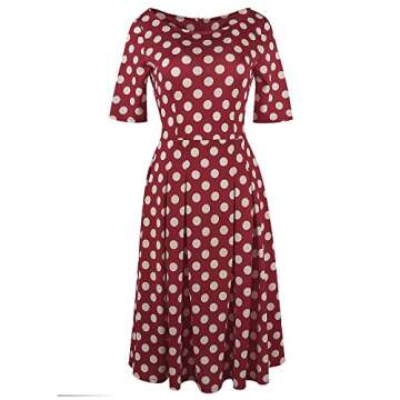 oxiuly Women's Retro Dot Patchwork Pocket Puffy Swing Casual Party Dress OX165 (2XL, red dot)