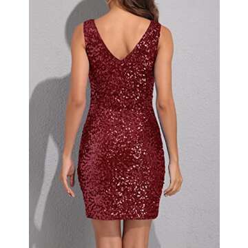 PrettyGuide Women Sexy Deep V Neck Sequin Glitter Bodycon Stretchy Mini Party Dress L Shiny Burgundy