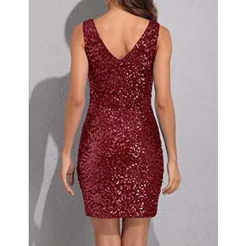 PrettyGuide Women Sexy Deep V Neck Sequin Glitter Bodycon Stretchy Mini Party Dress L Shiny Burgundy