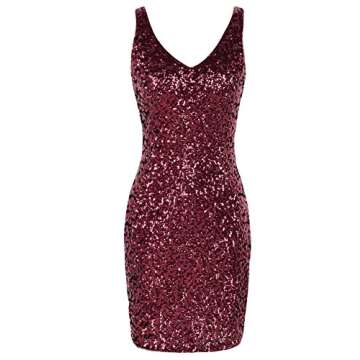 PrettyGuide Women Sexy Deep V Neck Sequin Glitter Bodycon Stretchy Mini Party Dress L Shiny Burgundy