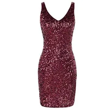 PrettyGuide Women Sexy Deep V Neck Sequin Glitter Bodycon Stretchy Mini Party Dress L Shiny Burgundy