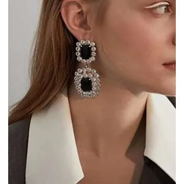 Asphire Vintage Geometric Rhinestone Drop Dangle Earrings Black Gemstone Earrings Elegant Long Statement Earrings for Women Wedding Prom Ball Jewelry (Silver)