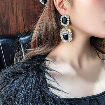 Asphire Vintage Geometric Rhinestone Drop Dangle Earrings Black Gemstone Earrings Elegant Long Statement Earrings for Women Wedding Prom Ball Jewelry (Silver)