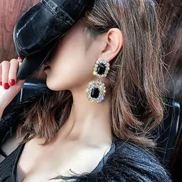Asphire Vintage Geometric Rhinestone Drop Dangle Earrings Black Gemstone Earrings Elegant Long Statement Earrings for Women Wedding Prom Ball Jewelry (Silver)