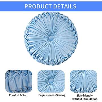 GIAOFAHG Light Blue Round Throw Pillow Holland Velvet Home Decoration Pleated Round Cushion, Home Decorative for Home Sofa Chair Bed Car Decor 15 Inch