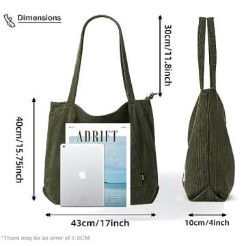 KALIDI Women Corduroy Tote Bag Large Shoulder Tote Bag with Zipper Pocket Casual Hobo Handbag Big Ca...