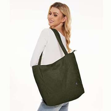 KALIDI Women Corduroy Tote Bag Large Shoulder Tote Bag with Zipper Pocket Casual Hobo Handbag Big Capacity Shopping Work Bag