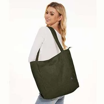 KALIDI Women Corduroy Tote Bag Large Shoulder Tote Bag with Zipper Pocket Casual Hobo Handbag Big Capacity Shopping Work Bag