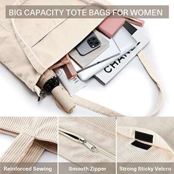 KALIDI Women Corduroy Tote Bag Large Shoulder Tote Bag with Zipper Pocket Casual Hobo Handbag Big Capacity Shopping Work Bag