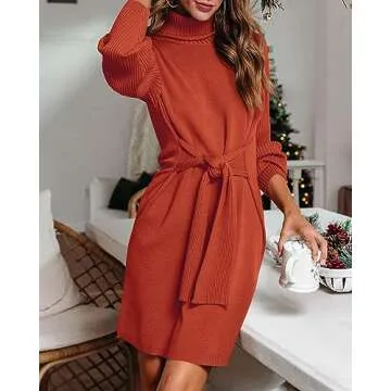 dowerme Halloween Sweater Dress for Women 2024 Classy Plain Fall Winter Cozy Loose Fit Pullover Sweaters Short Dresses(Solid Rust Red,Small)