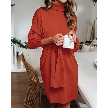dowerme Halloween Sweater Dress for Women 2024 Classy Plain Fall Winter Cozy Loose Fit Pullover Sweaters Short Dresses(Solid Rust Red,Small)