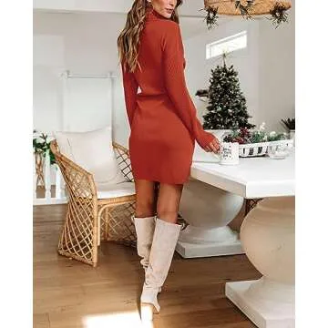 dowerme Halloween Sweater Dress for Women 2024 Classy Plain Fall Winter Cozy Loose Fit Pullover Sweaters Short Dresses(Solid Rust Red,Small)