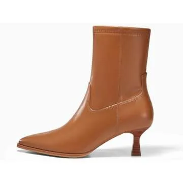 Coutgo Womens Pointed Toe Ankle Boots Stacked Kitten Low Heel Side Zipper Fall Booties Shoes, Brown, Size 9.5