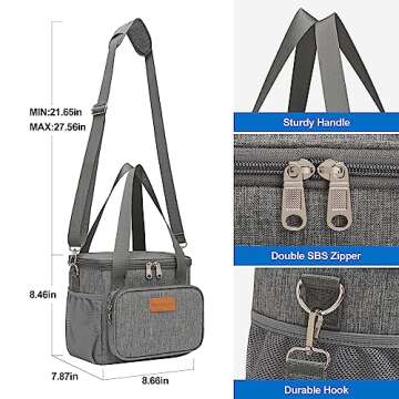 Macadamla Weinas Lunch bag for Women/Men,Insulated Lunch Cooler Bag for Adult,Collapsible Leakproof Lunch Bag with Adjustable Shoulder Strap for Work Office Picnic Beach Grey L New