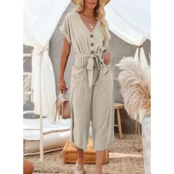 Acelitt Women's Ladies Casual Summer V Neck Short Sleeve Button High Waist Belted Wide Leg Jumpsuits Beige Medium